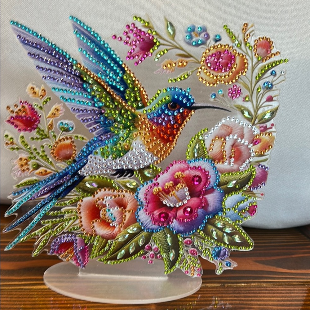Colorful Stand-Up Beaded Art Hummingbird & Flowers